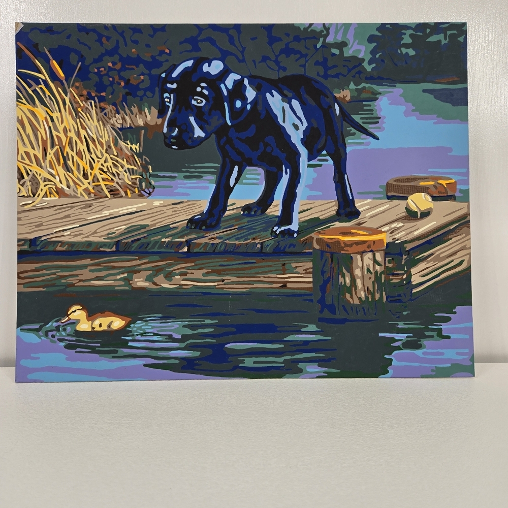 Black Lab Puppy Dog Duck Pond Finished Acrylic‎ Paint By Number 14x11 VTG Nature